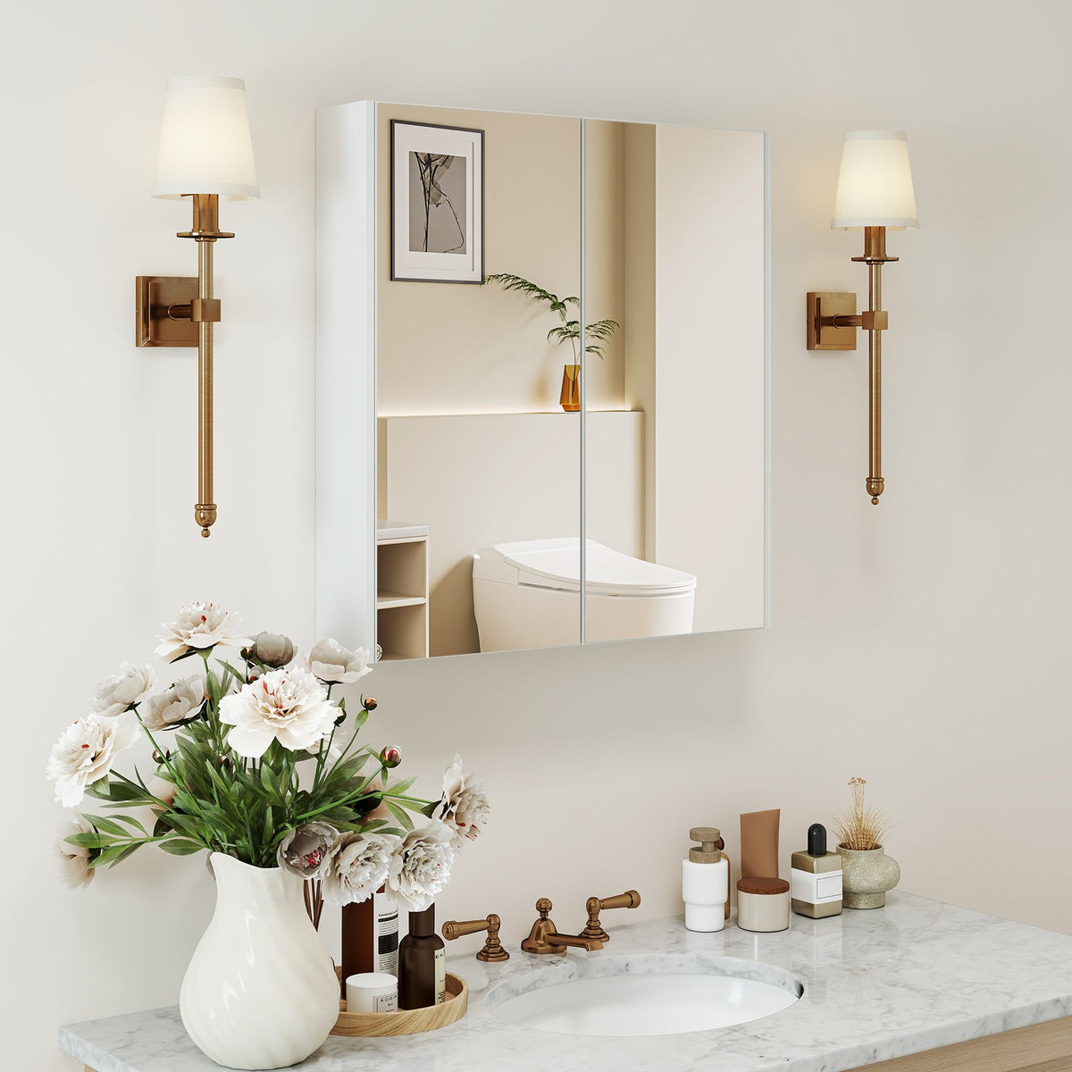 Double Door Bathroom Wall Cabinet with Mirror and Adjustable Shelf view 2