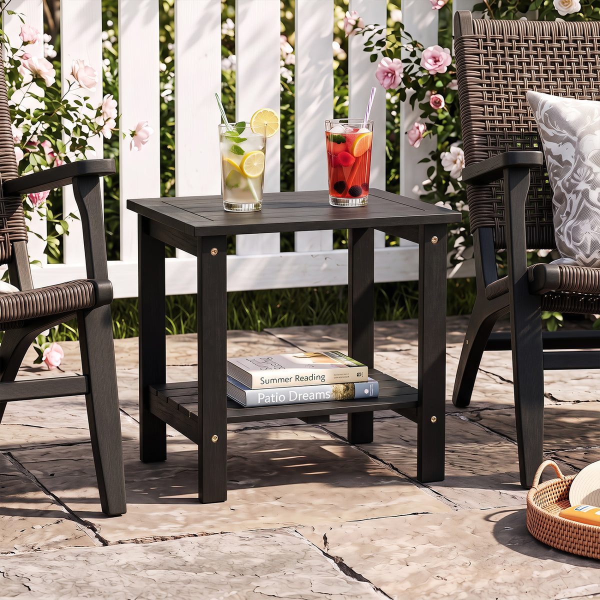 2-Tier Wood Patio End Table with Slatted Tabletop and Storage Shelf for Backyard-Black view 2