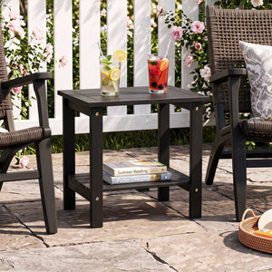 2-Tier Wood Patio End Table with Slatted Tabletop and Storage Shelf for Backyard-Black view 2