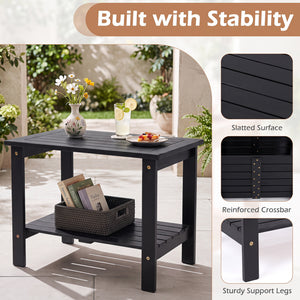 2-Tier Wood Patio End Table with Slatted Tabletop and Storage Shelf for Backyard-Black view 8
