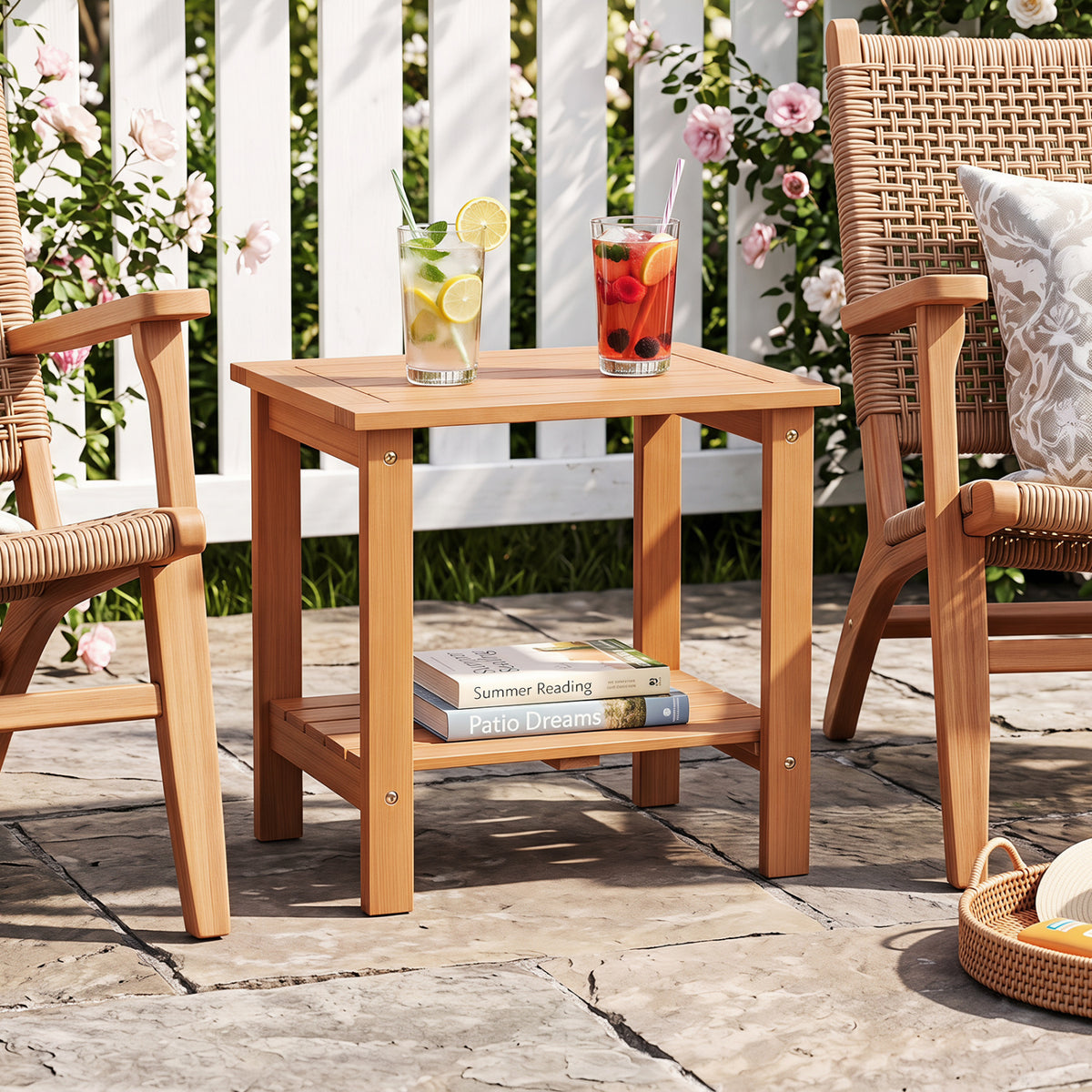 2-Tier Wood Patio End Table with Slatted Tabletop and Storage Shelf for Backyard-Natrual view 2