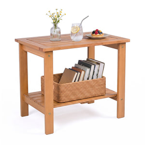 2-Tier Wood Patio End Table with Slatted Tabletop and Storage Shelf for Backyard-Natrual view 4
