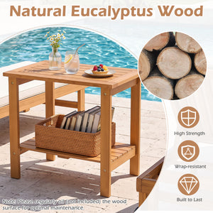 2-Tier Wood Patio End Table with Slatted Tabletop and Storage Shelf for Backyard-Natrual view 6