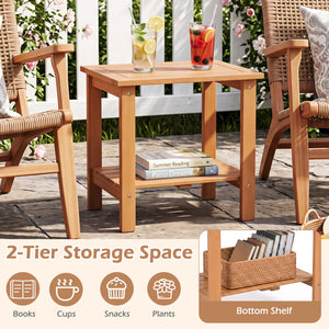 2-Tier Wood Patio End Table with Slatted Tabletop and Storage Shelf for Backyard-Natrual view 7