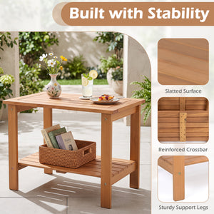 2-Tier Wood Patio End Table with Slatted Tabletop and Storage Shelf for Backyard-Natrual view 8