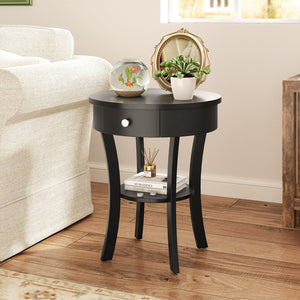 2-Tier Wood Round End Table with Open Drawer-Black view 2