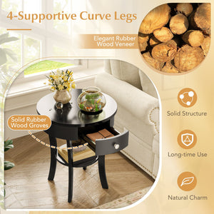 2-Tier Wood Round End Table with Open Drawer-Black view 7