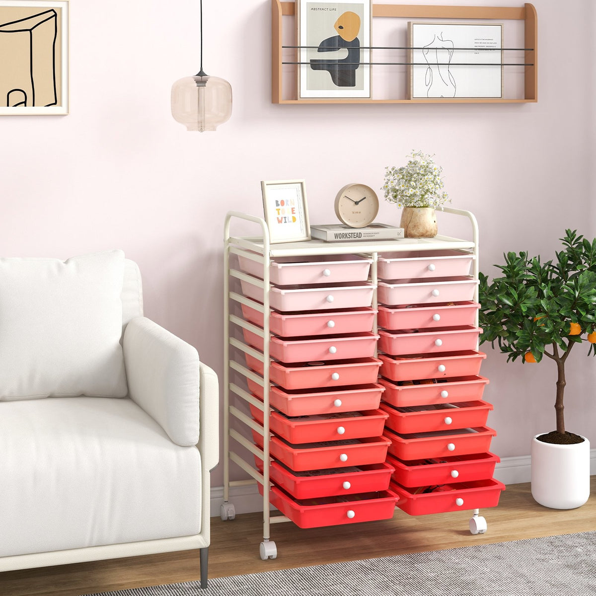 20 Drawers Rolling Storage Cart Studio Organizer-Gradient Pink view 2