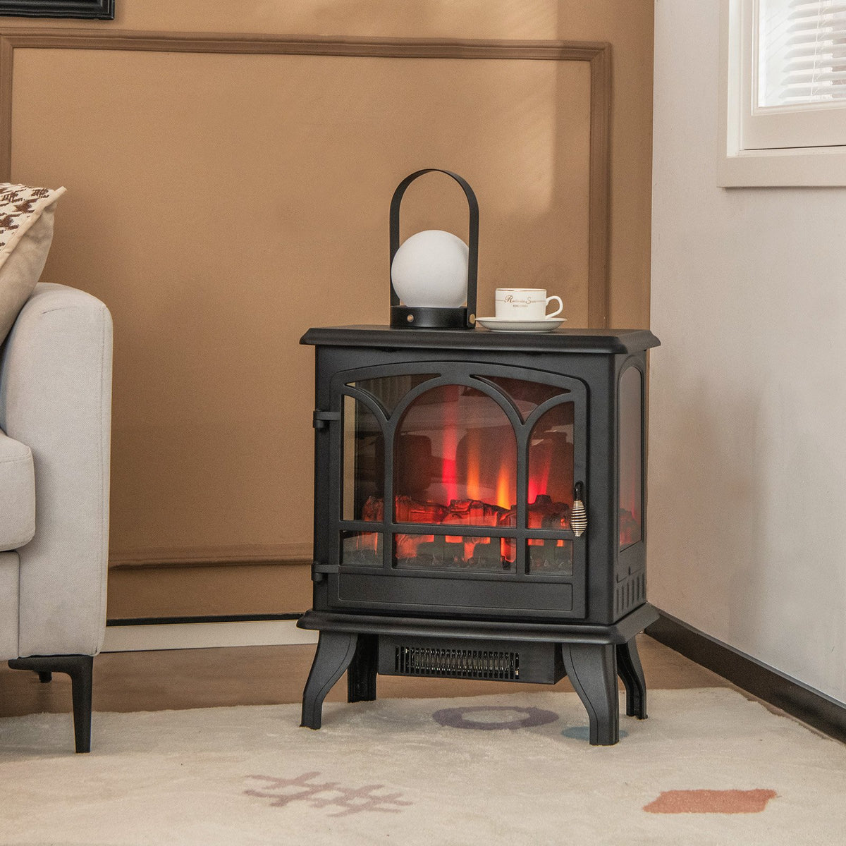1400W Electric Stove Heater with 3-Level Flame Effect and 3-Sided View-Black view 2