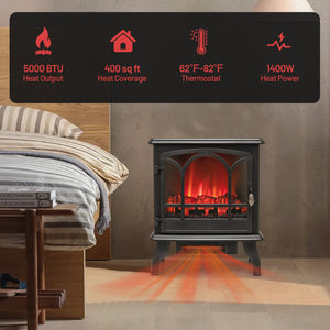1400W Electric Stove Heater with 3-Level Flame Effect and 3-Sided View-Black view 7