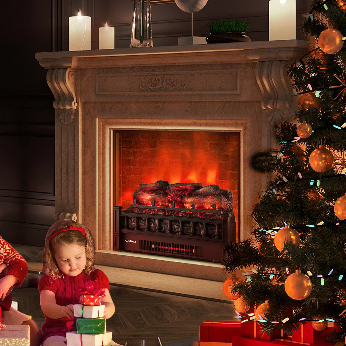 20 Inch Electric Fireplace Heater with Realistic Pinewood Ember Bed-Black view 2
