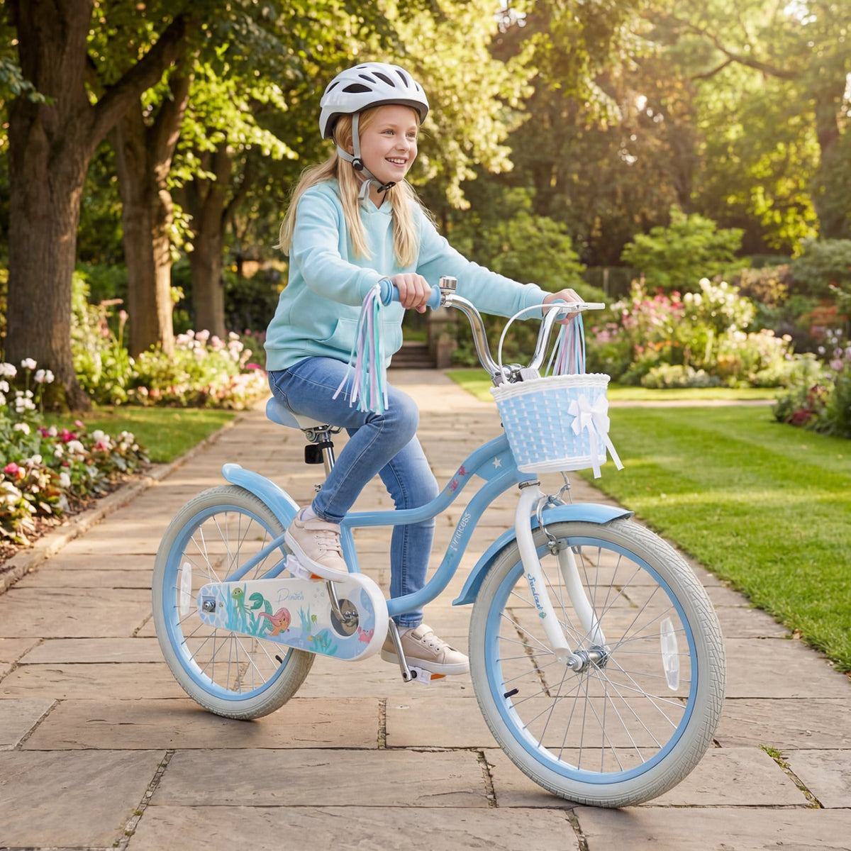 20 Inch Kids Bike Adjustable with Basket and Streamers Blue - Princess of the Sea Theme view 2
