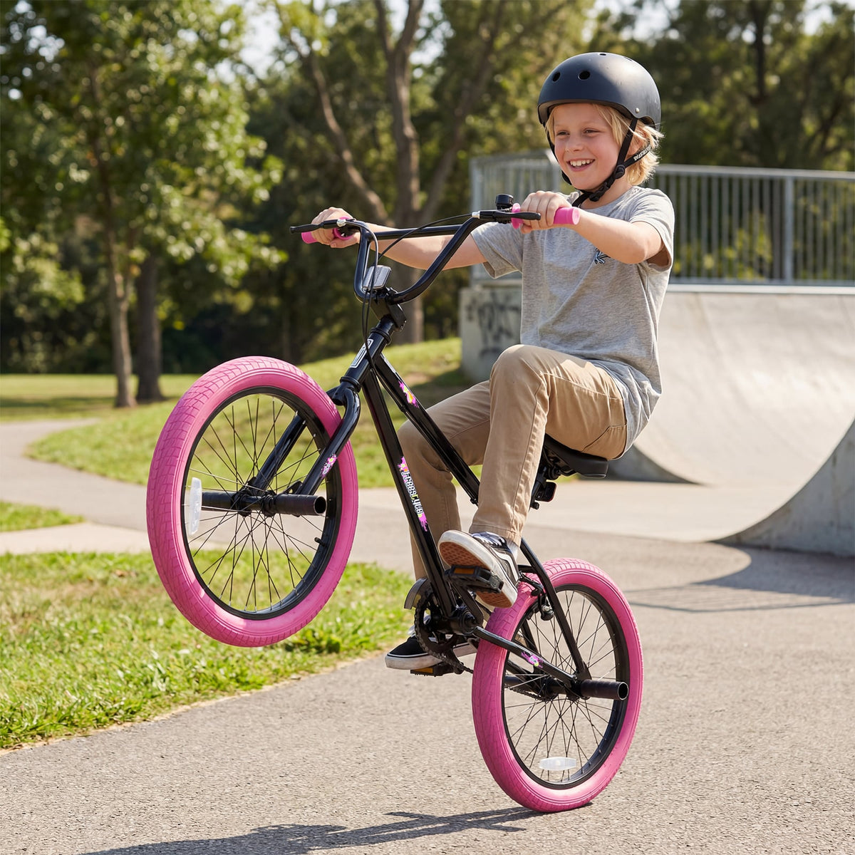20 inches Trick Bicycle with 270 Degree Steering and Adjustable Seat for Kids and Teens-Pink view 2