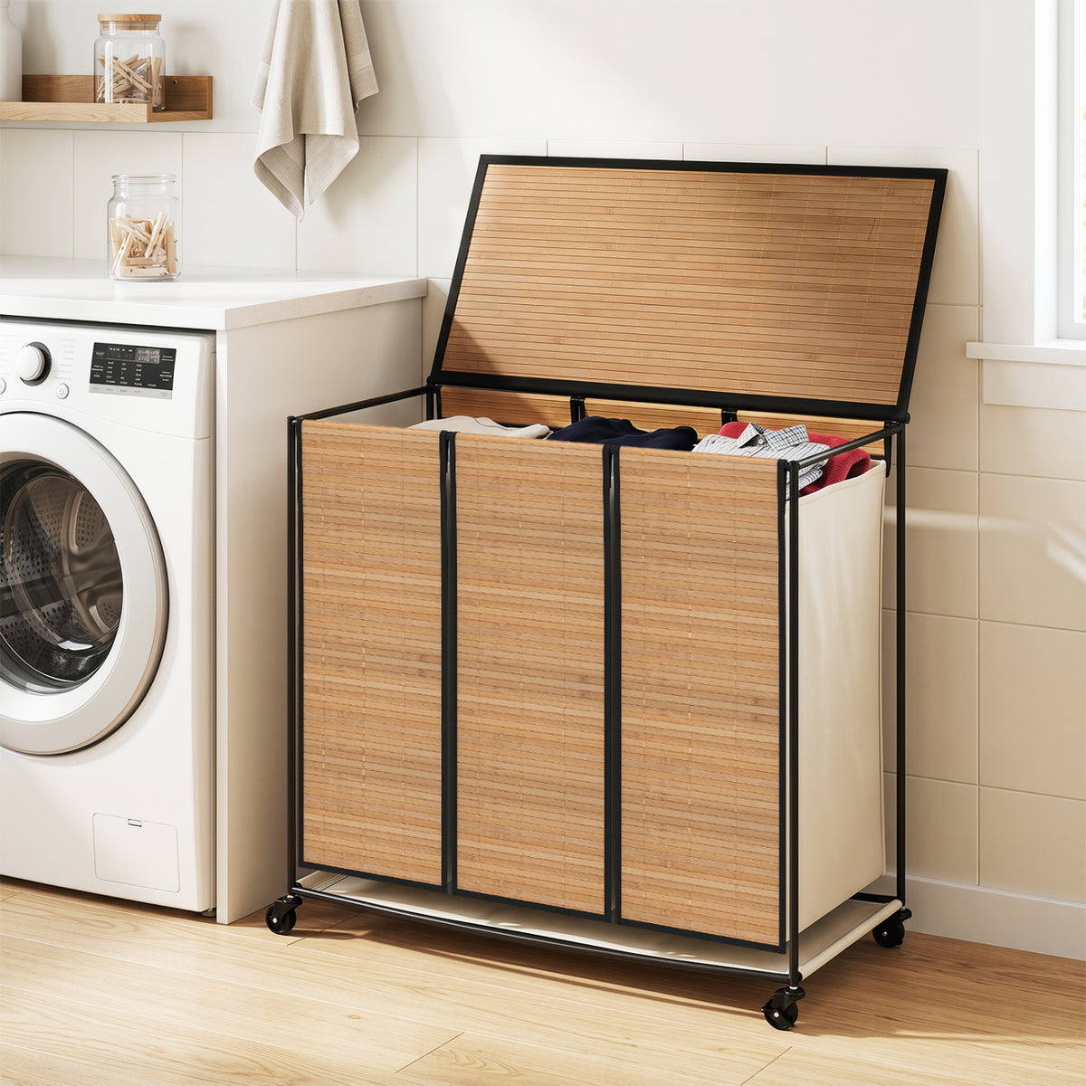 21.4 Gal Laundry Hamper with Lid 3-Section with 2 Lockable Wheels-Natural view 2