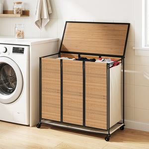 21.4 Gal Laundry Hamper with Lid 3-Section with 2 Lockable Wheels-Natural view 2