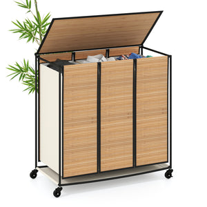 21.4 Gal Laundry Hamper with Lid 3-Section with 2 Lockable Wheels-Natural view 3