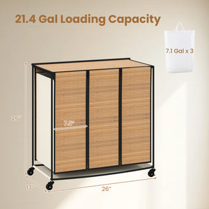 21.4 Gal Laundry Hamper with Lid 3-Section with 2 Lockable Wheels-Natural view 4