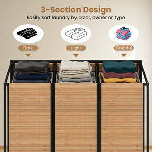 21.4 Gal Laundry Hamper with Lid 3-Section with 2 Lockable Wheels-Natural view 6