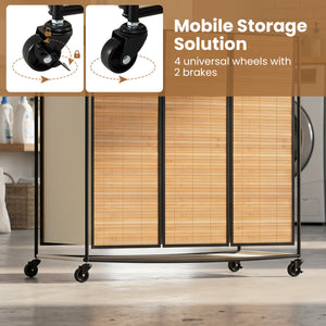 21.4 Gal Laundry Hamper with Lid 3-Section with 2 Lockable Wheels-Natural view 8