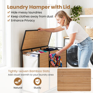 21.4 Gal Laundry Hamper with Lid 3-Section with 2 Lockable Wheels-Natural view 9
