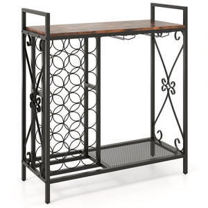 21 Bottle Wine Rack Freestanding Floor Wine Bottle Organizer with Glass Holder-Rustic Brown