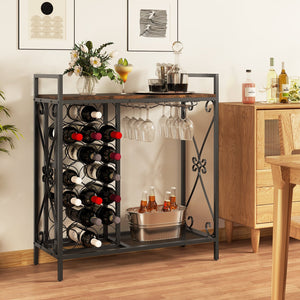 21 Bottle Wine Rack Freestanding Floor Wine Bottle Organizer with Glass Holder-Rustic Brown view 2