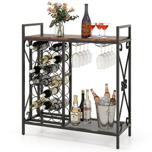 21 Bottle Wine Rack Freestanding Floor Wine Bottle Organizer with Glass Holder-Rustic Brown view 4