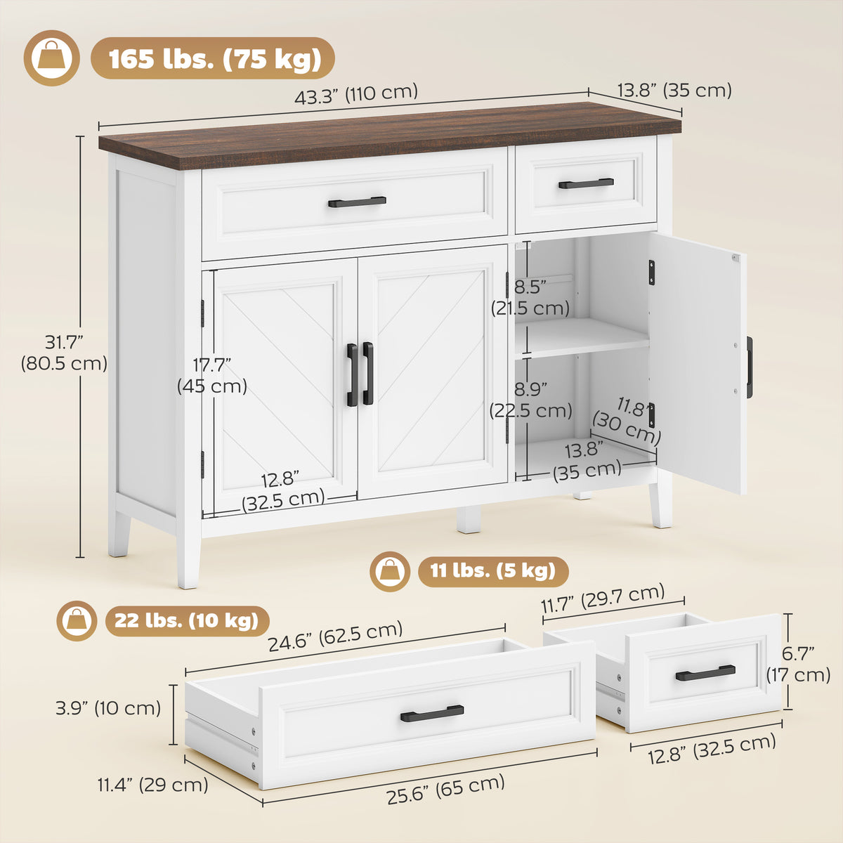 Sideboard Buffet Cabinet, 44" Farmhouse Kitchen Cabinet with 3 Chevron Doors, 2 Drawers and 2 Adjustable Shelves, White