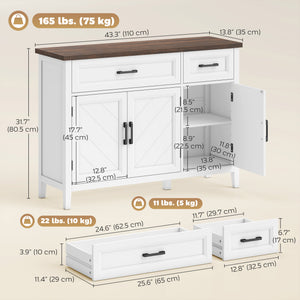 Sideboard Buffet Cabinet, 44" Farmhouse Kitchen Cabinet with 3 Chevron Doors, 2 Drawers and 2 Adjustable Shelves, White