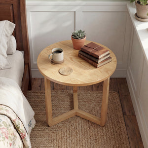 22.5 inch Round Side Table Farmhouse End Table with Sturdy Rubber Wood Legs and Triangular Structure-Natural view 2