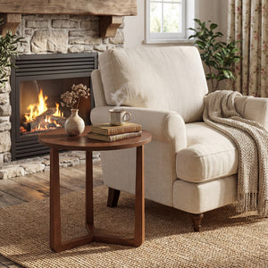 22.5 inch Round Side Table Farmhouse End Table with Sturdy Rubber Wood Legs and Triangular Structure-Walnut view 3