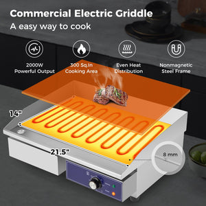 22 Inch Countertop Electric Griddle 2000W 110V Commercial Stainless Steel Grill-Silver view 6