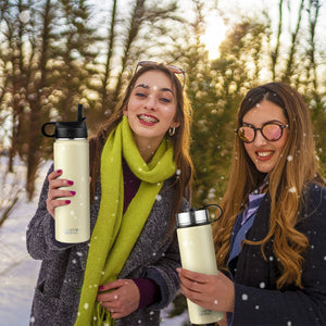 22 Oz Double-walled Insulated Stainless Steel Water Bottle with 2 Lids and Straw-Beige view 2
