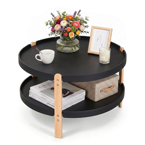 23.5 inches 2-Tier Round Coffee Table with Solid Wood Legs and Open Storage Shelf-Black