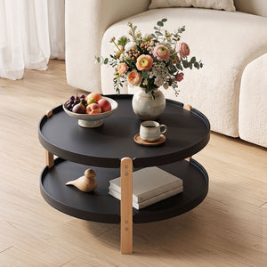 23.5 inches 2-Tier Round Coffee Table with Solid Wood Legs and Open Storage Shelf-Black view 2