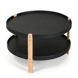 23.5 inches 2-Tier Round Coffee Table with Solid Wood Legs and Open Storage Shelf-Black view 4