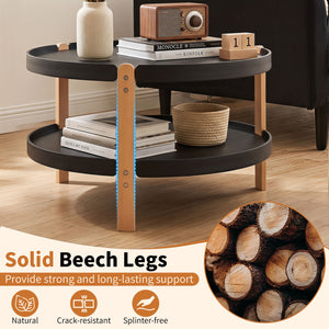 23.5 inches 2-Tier Round Coffee Table with Solid Wood Legs and Open Storage Shelf-Black view 9