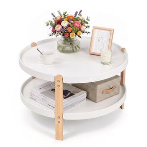 23.5 inches 2-Tier Round Coffee Table with Solid Wood Legs and Open Storage Shelf-White