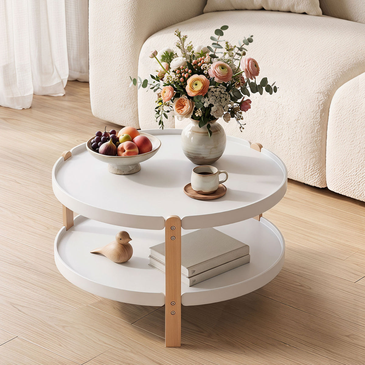 23.5 inches 2-Tier Round Coffee Table with Solid Wood Legs and Open Storage Shelf-White view 2