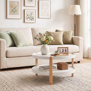 23.5 inches 2-Tier Round Coffee Table with Solid Wood Legs and Open Storage Shelf-White view 3