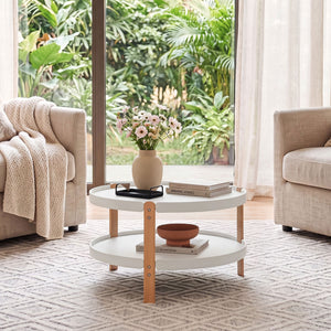 23.5 inches 2-Tier Round Coffee Table with Solid Wood Legs and Open Storage Shelf-White view 6