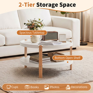 23.5 inches 2-Tier Round Coffee Table with Solid Wood Legs and Open Storage Shelf-White view 8