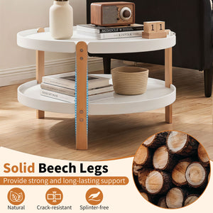 23.5 inches 2-Tier Round Coffee Table with Solid Wood Legs and Open Storage Shelf-White view 9