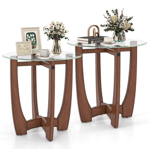 23.5 Inch Round End Side Table Set of 2 with Tempered Glass Tabletop-Walnut view 3
