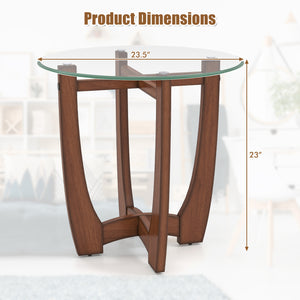 23.5 Inch Round End Side Table Set of 2 with Tempered Glass Tabletop-Walnut view 4