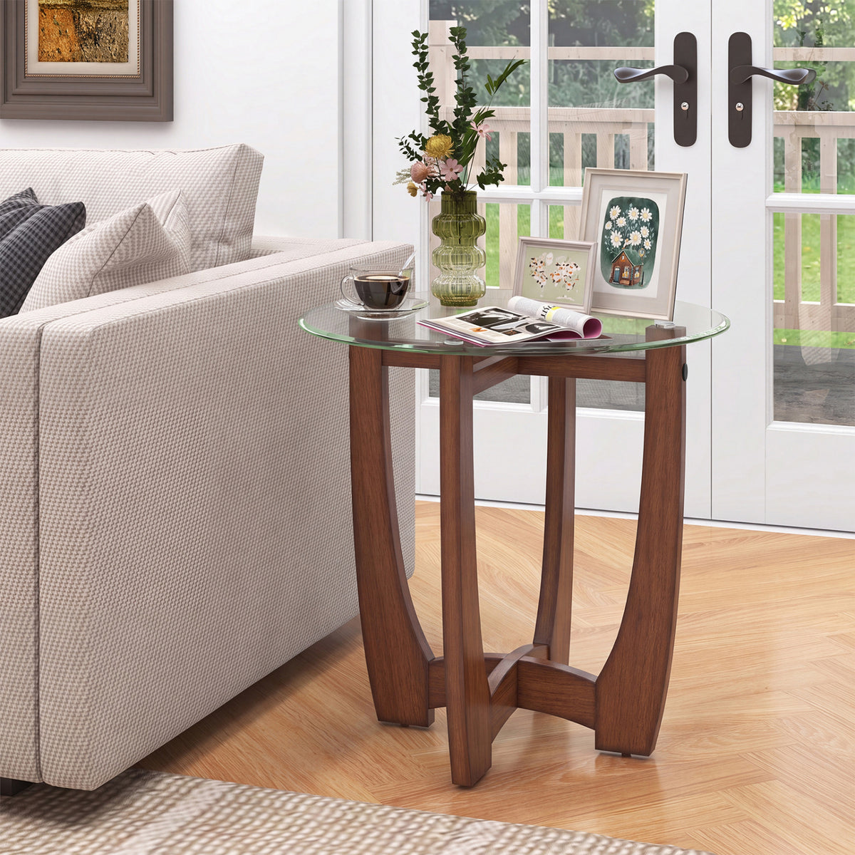 23.5 Inch Round End Side Table with Tempered Glass Tabletop-Walnut view 2