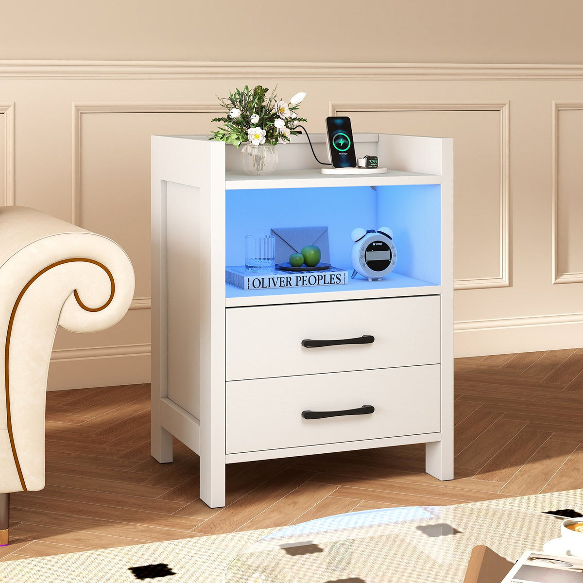 23.5 Inches Nightstand with Charging Station and Open Storage Shelf-White view 2