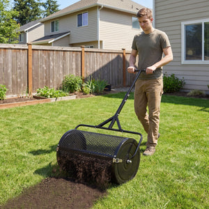 24 Inch Compost Spreader Peat Moss Spreader Roller with Height-Adjustable T-Shaped Handle-Black view 2