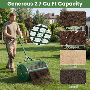 24 Inch Compost Spreader Peat Moss Spreader Roller with Height-Adjustable T-Shaped Handle-Green view 5