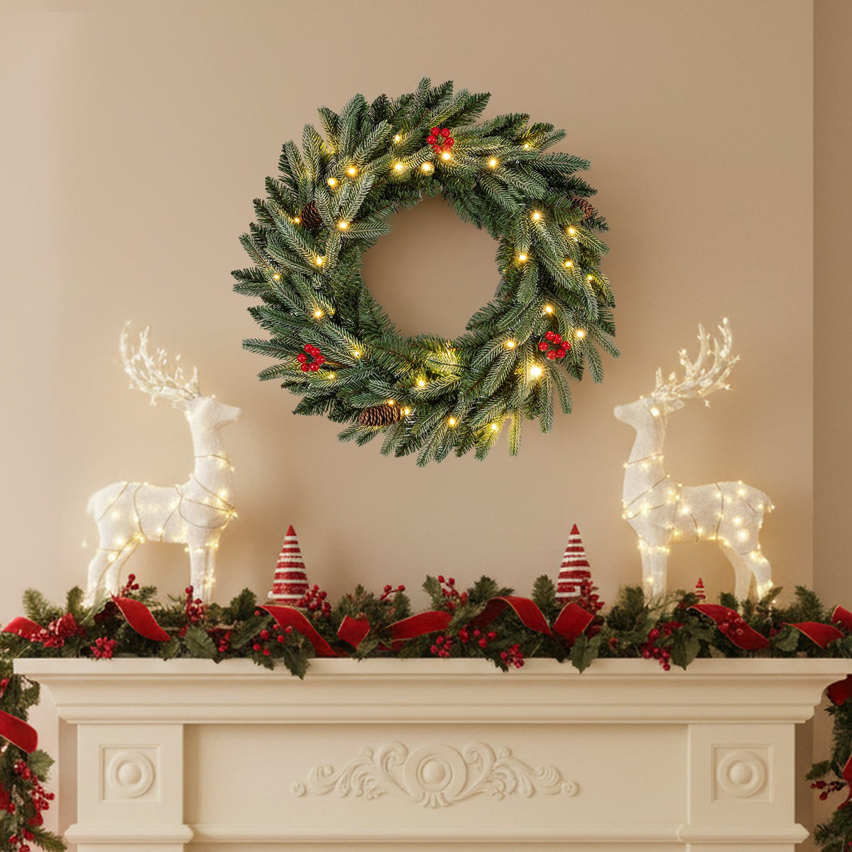 24” Pre-lit Christmas Wreath Front Door Artificial Xmas Wreath with 90 Frosted Branch Tips view 2